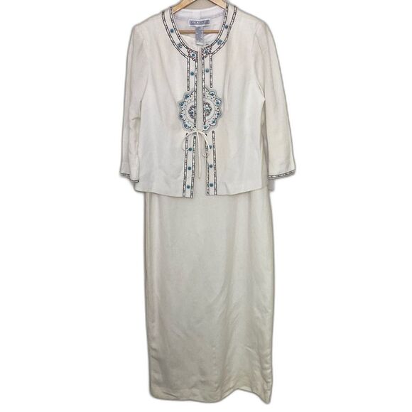 Jessica Howard White Linen Rayon 2pc Suit Turquoise Beading size 12 Event Artsy - Picture 1 of 15